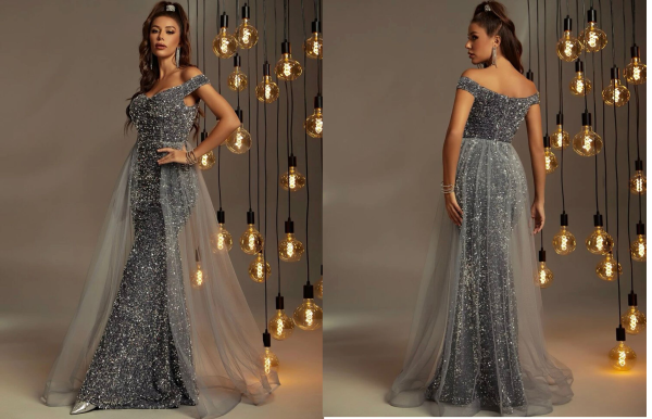 Vestido de fiesta de hombros descubiertos panel de malla de lentejuelas